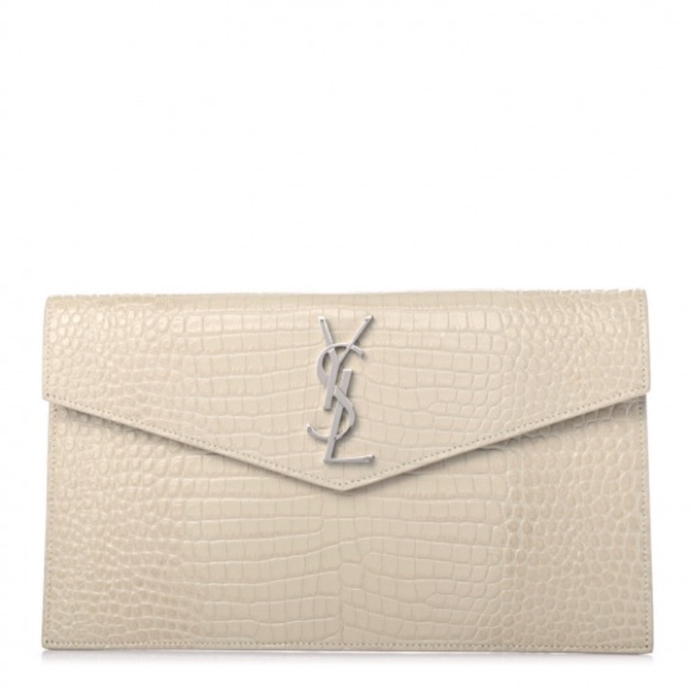 YSL Calfskin Crocodile Embossed Uptown Monogram Pouch Crema Soft